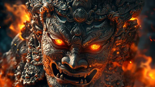 Demonic fire deity bust with molten eyes and carved metal armor.