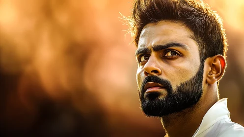 Intense bearded man in warm golden backlight portrait.