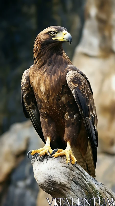 Golden eagle perched on rugged rock in sharp profile.