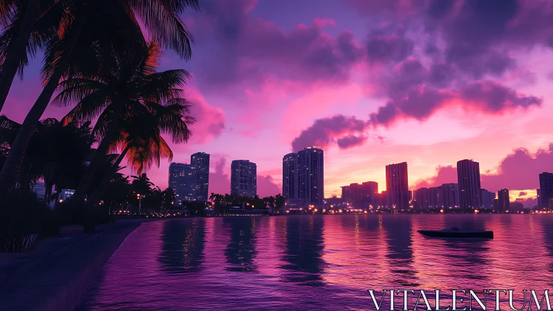 Neon dusk skyline bathing palm-lined bay in electric twilight.