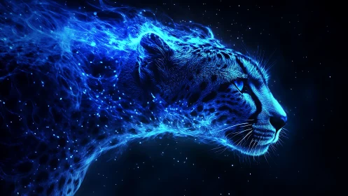 Luminescent feline rendered with bioluminescent particle effects and stellar backdrop