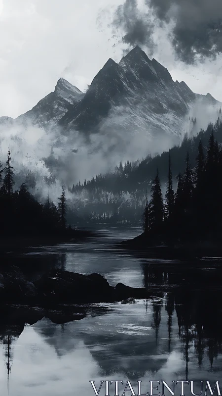 Monochrome alpine peaks rise above misty conifer lake reflection