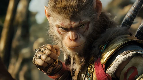 Battle-ready monkey warrior stares ahead in fierce focus.