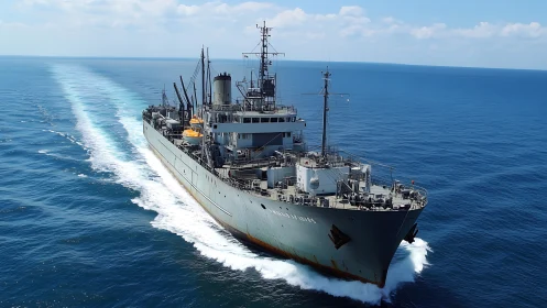 Powerful naval supply ship glides confidently across open sea