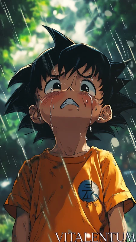 Crying anime boy in orange shirt standing in heavy rain.