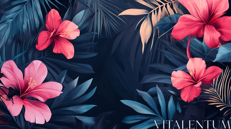 Hybiscus Blooms Against Layered Teal Foliage Backdrop.