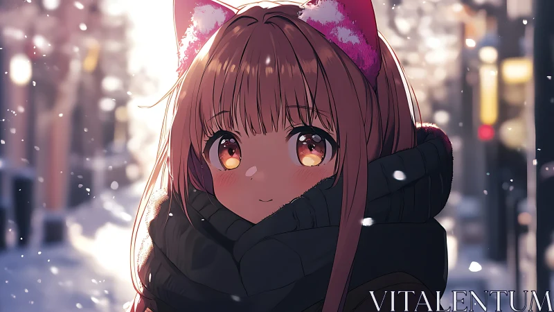 Warm eyed girl in winter street glows against falling snow