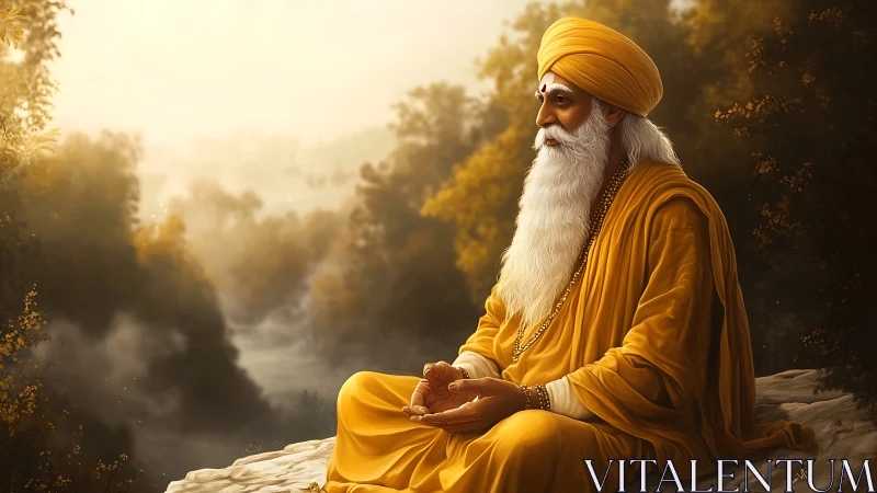 Elderly sage in saffron robes meditates beside misty river valley