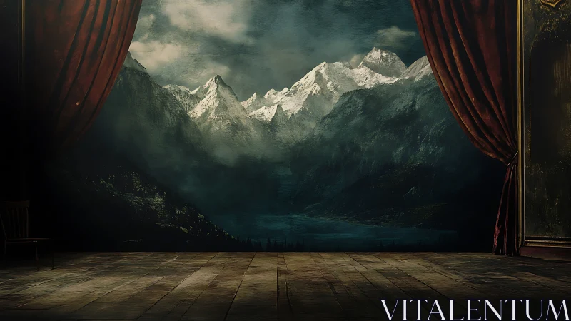 Stage curtains reveal misty alpine mountains at dusk.
