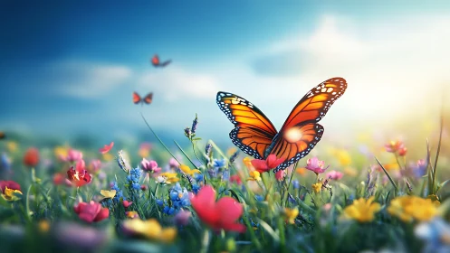 Sunrise monarch drifts above daydream-bright wild meadow.