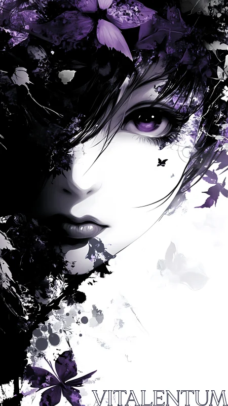 High contrast anime portrait with violet floral ink splashes