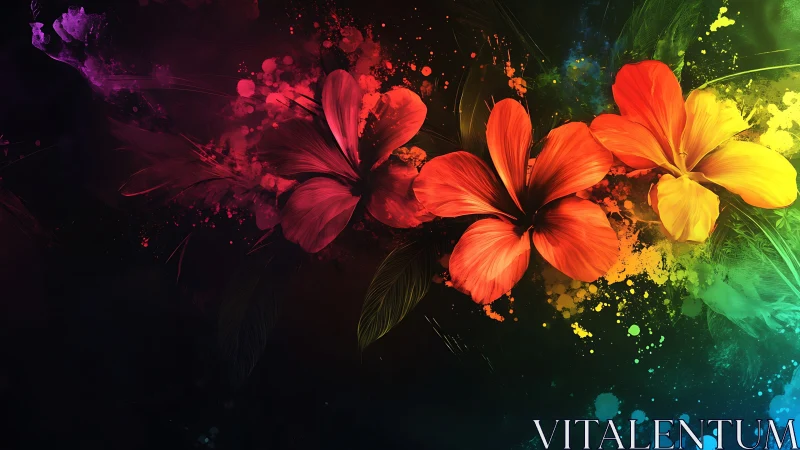 Chromatic hibiscus florals on dark ground with splatter arcs