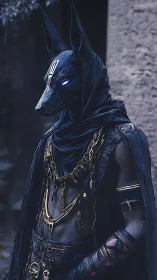 Jackal-headed guardian in ornate dark Egyptian regalia.