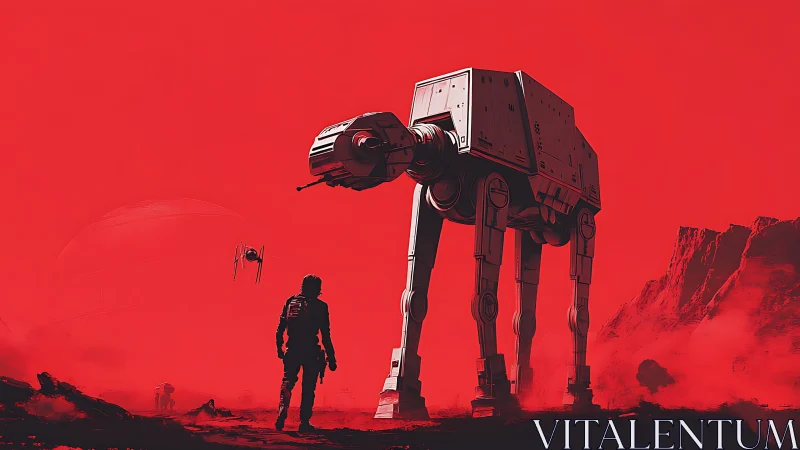 High-contrast sci-fi walker and soldier on monochrome red battlefield