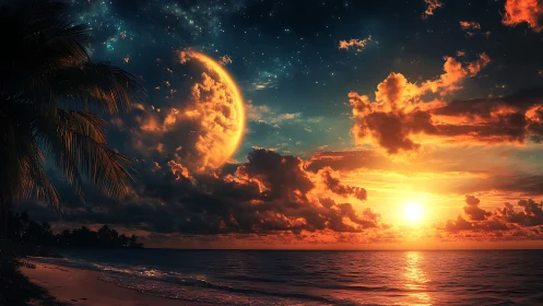 Sunset seascape with large crescent moon above horizon.