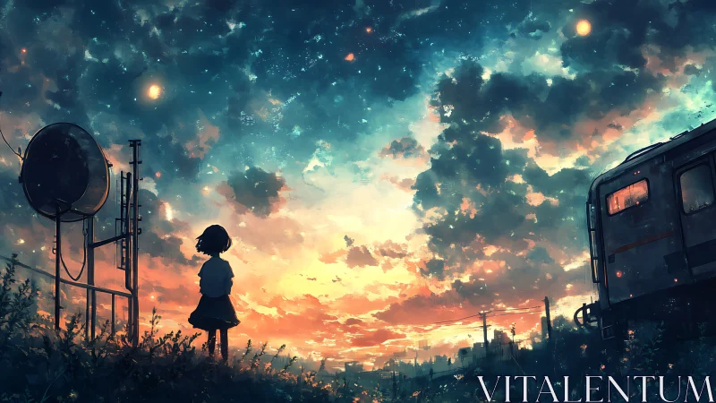 Girl watching glowing sky beside lonely train car at dusk.