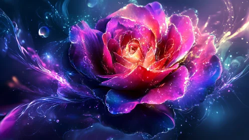 Luminous cosmic rose blossoming in radiant neon aura.