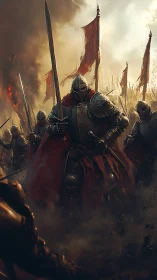 Armored warlord advancing through smoke on burning battlefield.