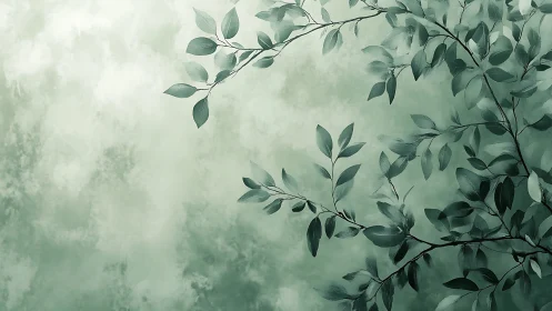 Soft jade foliage branches over misted sky backdrop.