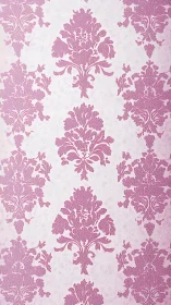 Pink damask floral pattern repeats over textured white ground