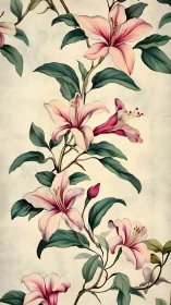 Soft pink lilies climb gracefully across vintage parchment