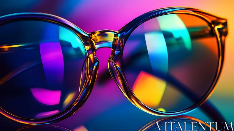 Close-up of stylish round glasses with vibrant neon reflections.
