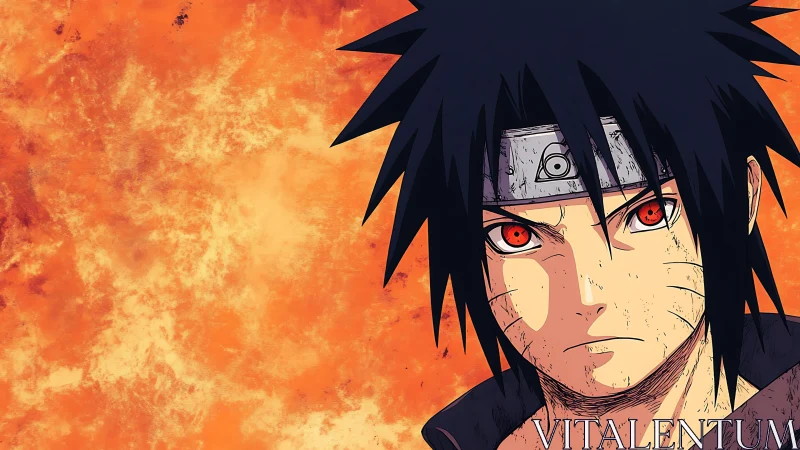 Fiery-eyed anime warrior stands against blazing orange sky.