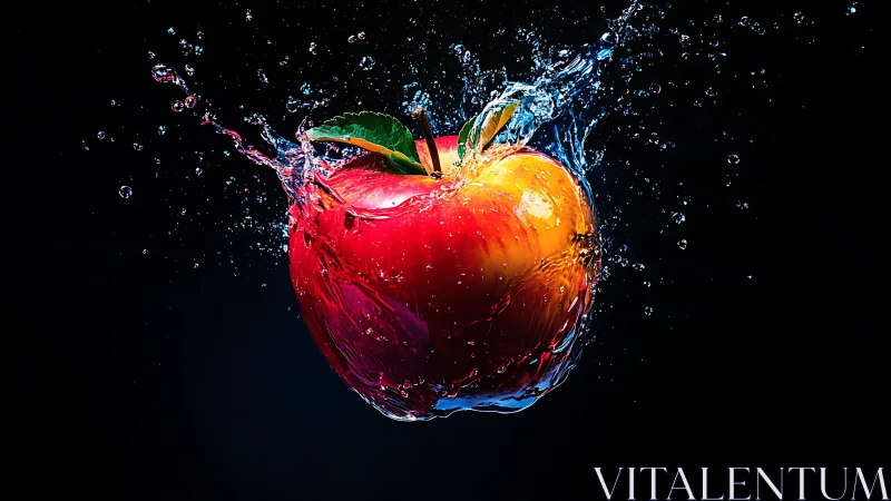 Juicy red apple splashing through crystal clear water.