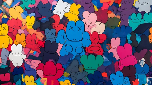 Color crowd cartoon bunnies with crossed eyes in chaos.