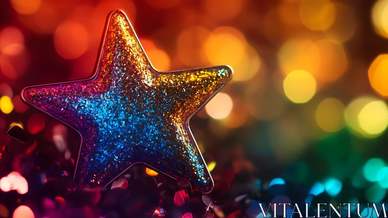 Glitter-surfaced star ornament in chromatic bokeh field.