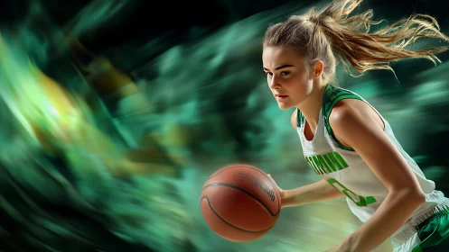 Focused fast-break energy with a confident hoops hero.