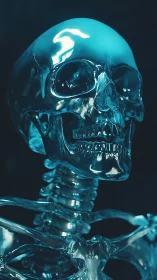 Luminous glass skull glowing softly in cool blue light.