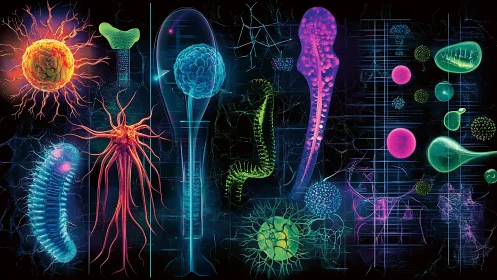 Neon micro-organism array with sci-fi biometric schematics.