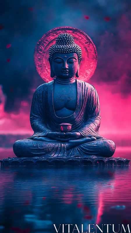 Buddha statue is centered before neon sky and reflective water.
