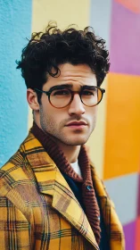 Man in yellow plaid coat against colorful wall portrait.