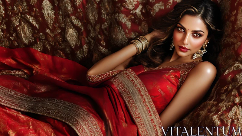 Opulent woman reclining in red embroidered silk sari portrait.