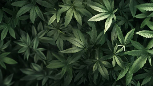 Cannabis foliage canopy in soft diffused botanical lighting.