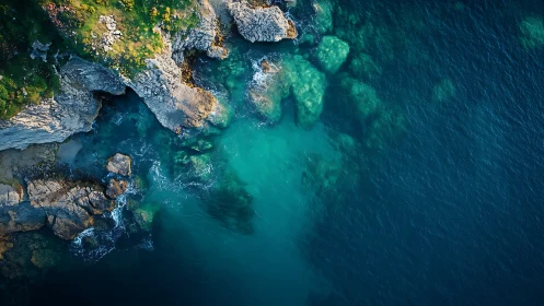 Aerial coastal escarpment with turquoise littoral waterscape.