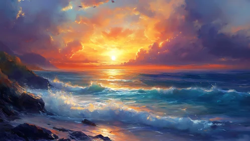 Coastal seascape with sunset, breaking waves and clouds.