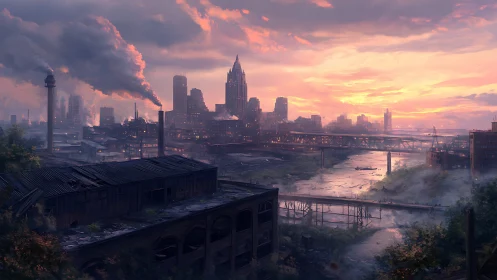 Industrial riverside cityscape is depicted at sunset
