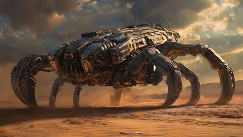 Colossal desert mech-crab lumbers under stormy sky.