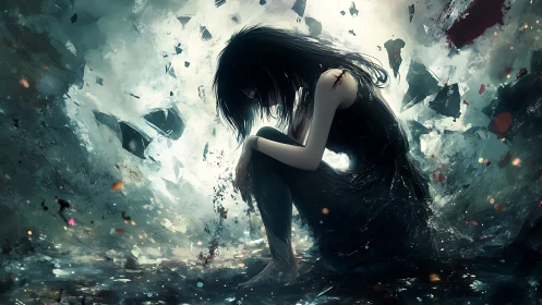 Digital painting of solitary girl amid shattering voidscape.