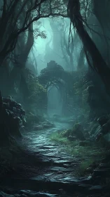 Misty Forest Ravine with Structural Ruins and Luminescent Atmospheric Rendering