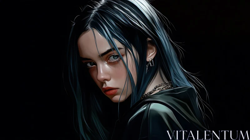 Chromatic low-key portrait with hyperreal rim-lit strands.