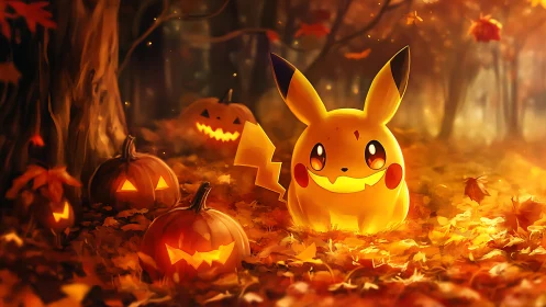 Pikachu among carved pumpkins in autumn forest setting.