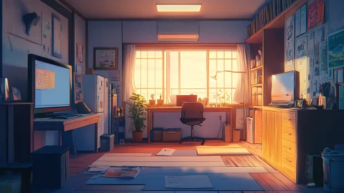 Soft sunset light gently fills a cozy creative studio room