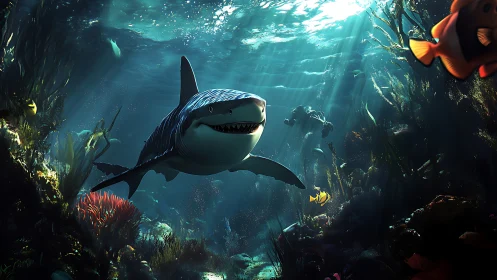 Smiling shark glides through sunlit coral reef caverns below