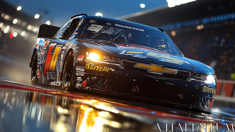Chevrolet stock car powers through wet night racing circuit.