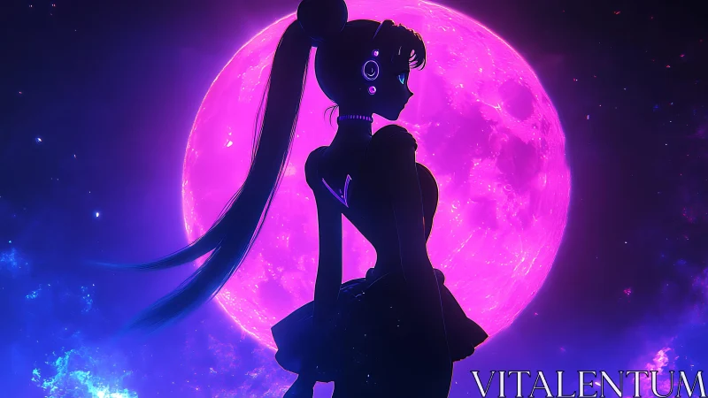 Neon moonlit heroine pauses in a dreamy, glowing galaxy