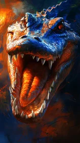 Fiery digital dragon head with glowing jaws and teeth.